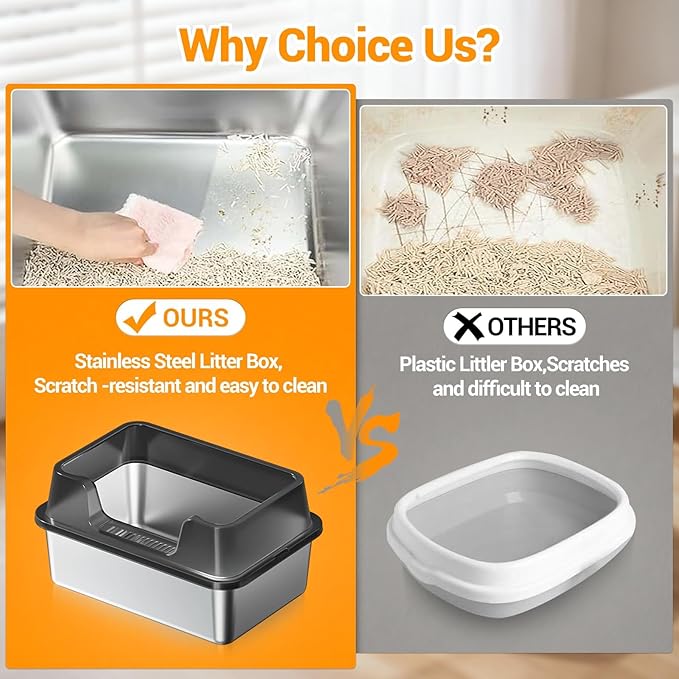 Stainless Steel Litter Box, XL Enclosed Cat Litter Boxes with Lid for Big Cats and Multi-Cats, High Sided, Anti-Urine Leakage Non-Stick Bottom Include Scoop Easy to Clean