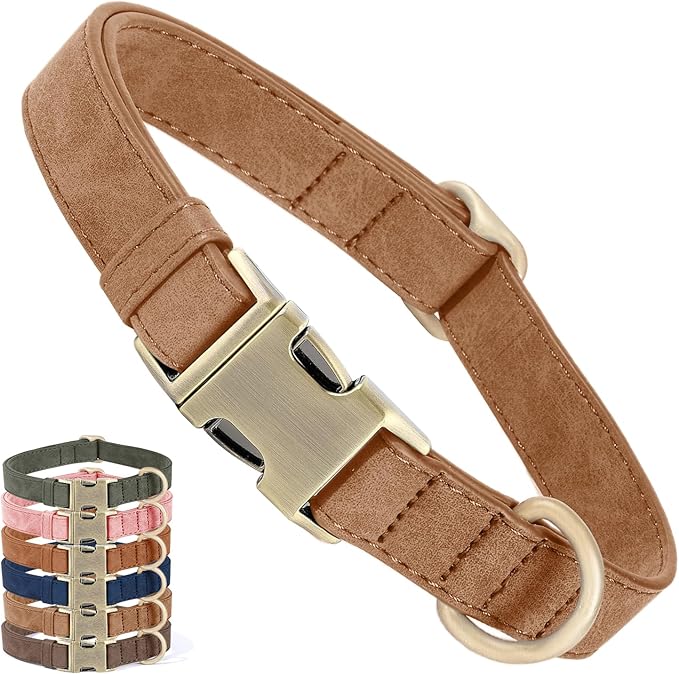 Genuine Leather Dog Collar - Adjustable Pet Collar with Quick Release Metal Buckle, Soft Skin Friendly Real Leather Collar for Small, Medium, Large Dogs (Brown, S：Fit 8-16" Neck)