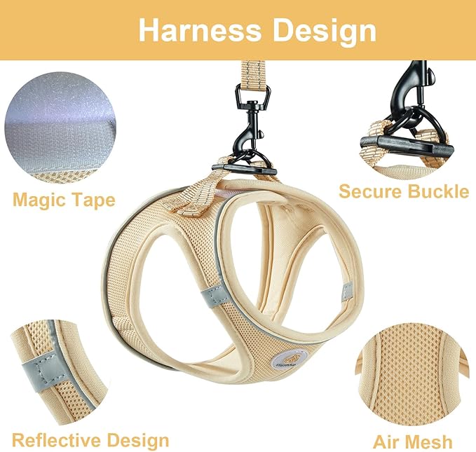 Hipubby Dog Harness and Leash Set, No Pull Soft Mesh Puppy Harness for Small Medium Dogs, Cats - Step in Reflective Breathable Lightweight Vest Harness for Walking, Training - Khaki, S