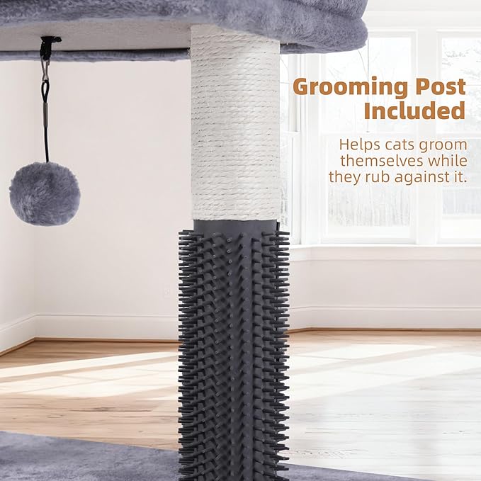 Cat Tree with Self-Grooming Brush and Interactive Toys, Cat Tree Tower for Indoor Cats, Cat Tower with Sisal Scratching Post and Scratching Pads, Cat Condo with Padded Perch, Grey