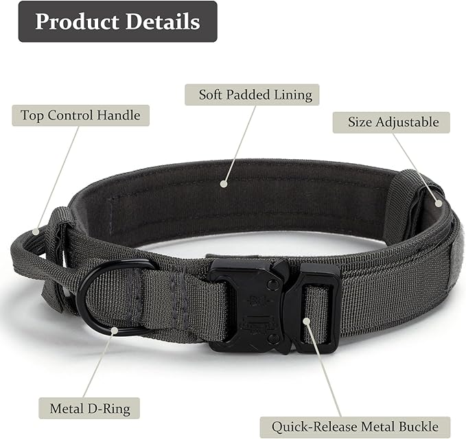 Tactical Dog Collar, Adjustable Military Training Nylon Dog Collar with Control Handle and Heavy Quick-Release Metal Buckle for Small Medium Large Dogs, Grey M