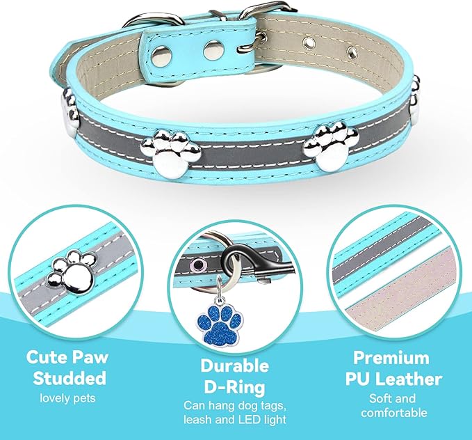 PETCARE Reflective Dog Collar with Cute Paw Rivet Studded Funny Soft PU Leather Adjustable Puppy Dog Collars for Small Medium Large Dogs Cats (Blue,XX-Large)