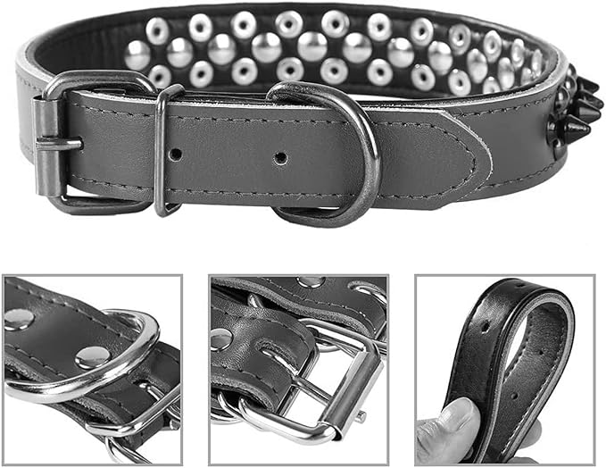 Spiked Studded Dog Collar, Genuine Leather Dog Collar, Adjustable Pet Collars for Medium Large Bulldog Pitbull Mastiff Poodle Boxer (S:27-33cm, Black-1)