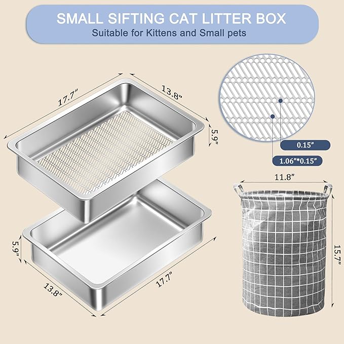 Teheao 2 Pack Stainless Steel Sifting Cat Litter Box for Clumping Litter, Kitty Large Metal Sifter Tray Pan with Cat Litter Bag, Low Dust, Odor Control, Easy Cleaning (17.7"*13.8"*5.9")