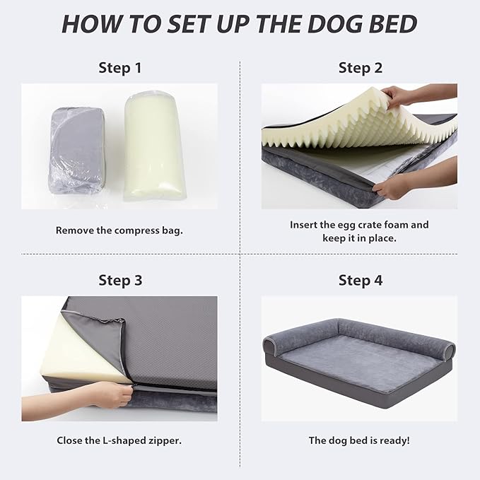 KSIIA Orthopedic Dog Bed Waterproof Flannel Bolster Couch with Egg Crate Foam for Large Dogs with Removable Washable Cover & Nonskid Bottom, 48 x 35 Inch, Gray
