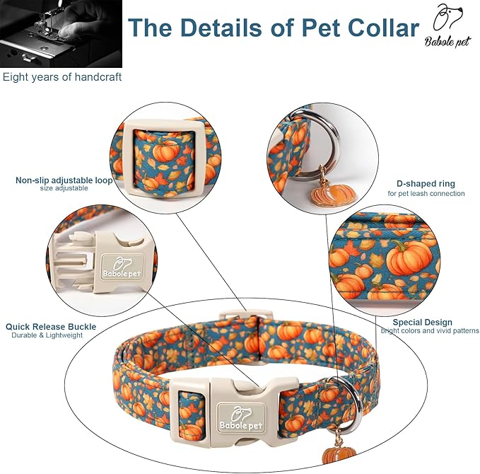 Fall Dog Collar Cute Autumn Pumpkin Puppy Collar - Light Comfortable Adjustable Pet Collars for Small Medium Large Girl Boy Dogs M