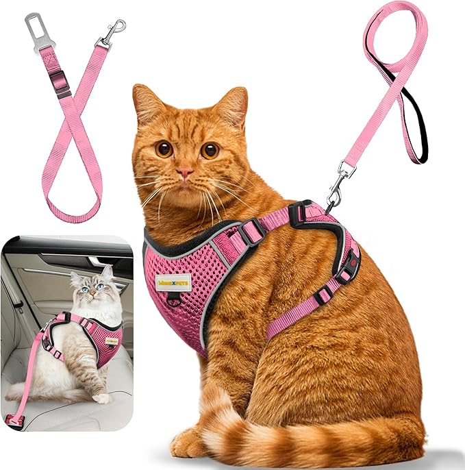Cat Harness and Leash for Walking, Retractable Cat Harnesses and Leash Set Escape Proof, Breathable Soft Kitten Small Large Harness for Travel Training and Walking, Pink, XS