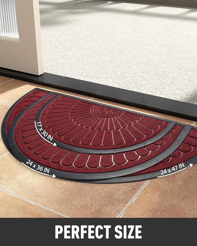 tchdio Door Mat Outdoor Indoor Entrance Doormat-Semicircular Durable Rubber Non Slip Front Door Mat for Outside Inside Entry Entryway Dirt Trapper WelcomeMat for Muddy Paws and Shoes-Red 24”x36”