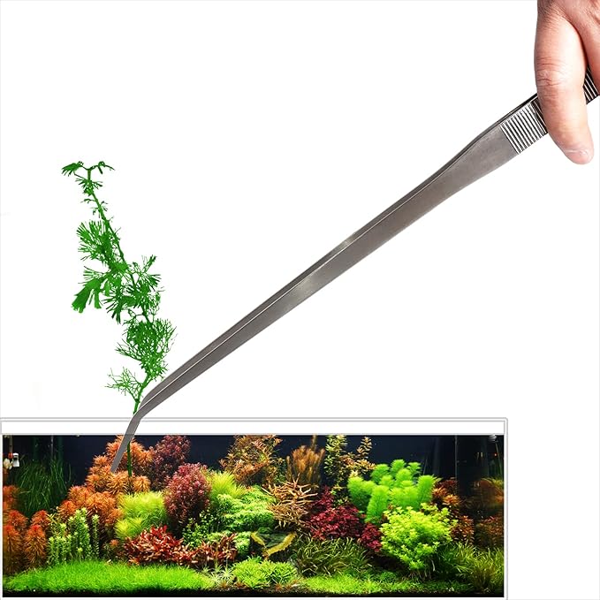 18.9 inch Heavy Duty Extra Long Tweezers for Salt & Fresh Water Fish Tank, Curved SUS 304 Stainless Steel Aquascape Tweezers for Aquarium & Terrarium, Large Metal Snake Feeding Tongs