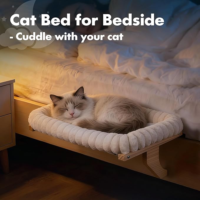 Cloud-Cuddle Cat Perch for Window Sill with Bolster, Natural Wood & Metal Frame Cat Window Seat for Large Cats, Easy to Adjust Zipper Cushion Pet Bed for Windowsill (Medium)