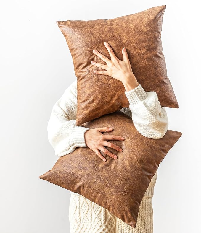 Oversized Leather Pillow Covers Vintage Decorative, Pack of 2 Square Rustic Abrasion Floor Cushion Covers, for Home Decor Outdoor Waterproof Pet Hair Resistant Pillow Covers 26x26 inch Brown