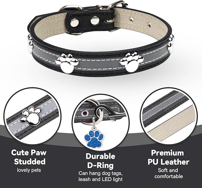 PETCARE Reflective Dog Collar with Cute Paw Rivet Studded Funny Soft PU Leather Adjustable Puppy Dog Collars for Small Medium Large Dogs Cats (Black,X-Large)