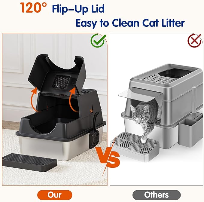 Stainless Steel Litter Box with Lid, XL Extra Large Cat Litter Box Enclosure, Front & Top Entry Covered Metal Cat Box with Steps & Scoop, Easy Cleaning