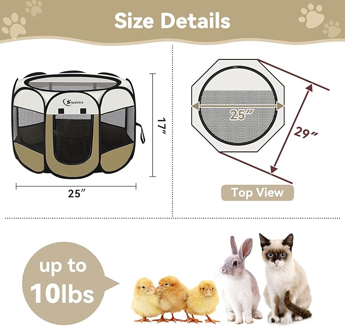 Dog Cat Playpen, Small Puppy Pet Playpen, Dog Crate Tent Cage Indoor/Outdoor, Portable Pop Up Dogs Kennel Playpen with Carrying Case for Dogs/Cats/Rabbits(Khaki, Small)