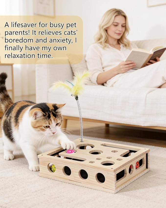 Cat Interactive Box Puzzle Toy - Cats Indoor Hunting Play Toy with 3 Jingle Balls & 1 Feather Wand, Wooden Cat Puzzle Treat Toy Box Energize Cat Instincts for Bored Cats,Eco Friendly
