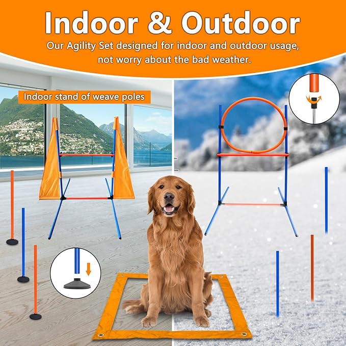 Premium Dog Agility Training Set Outdoor Indoor Game, Tire Jump + Hurdle Jump, Tunnel, Weave Poles, Pause, 2 Toy Balls, 2 Discs, 1 Whistle, 1 Bag, 2 Training Clicker Backyard Dog Obstacle Course Kit