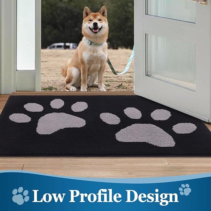 Buganda Dog Door Mat for Muddy Paws, Absorbent Dirt Trapper Washable Indoor Doormats, Non Slip Low-Profile Mud Mat for Dogs, Front Entrance Doormat for Inside Floor (36x24 Inches, Black and Grey)