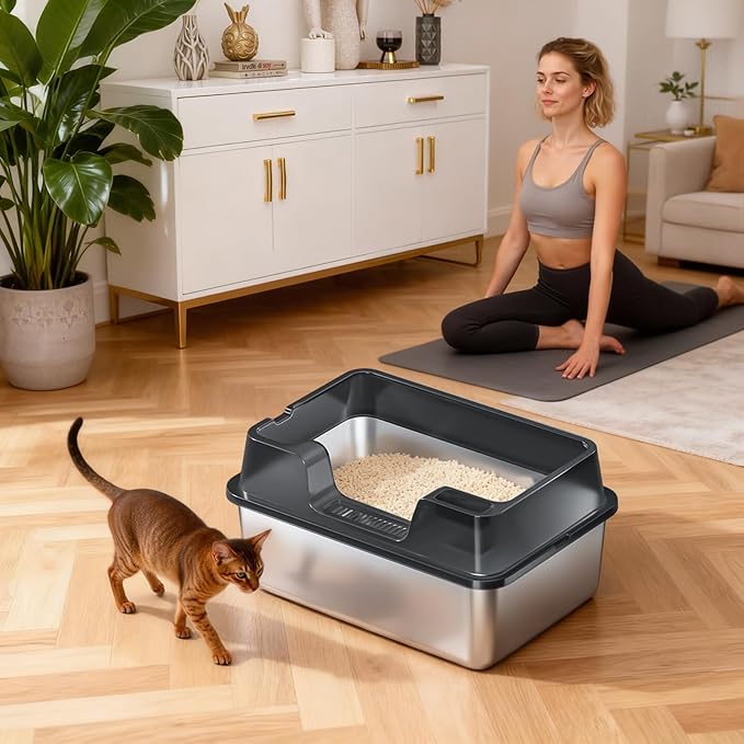 Stainless Steel Litter Box, XL Enclosed Cat Litter Boxes with Lid for Big Cats and Multi-Cats, High Sided, Anti-Urine Leakage Non-Stick Bottom Include Scoop Easy to Clean