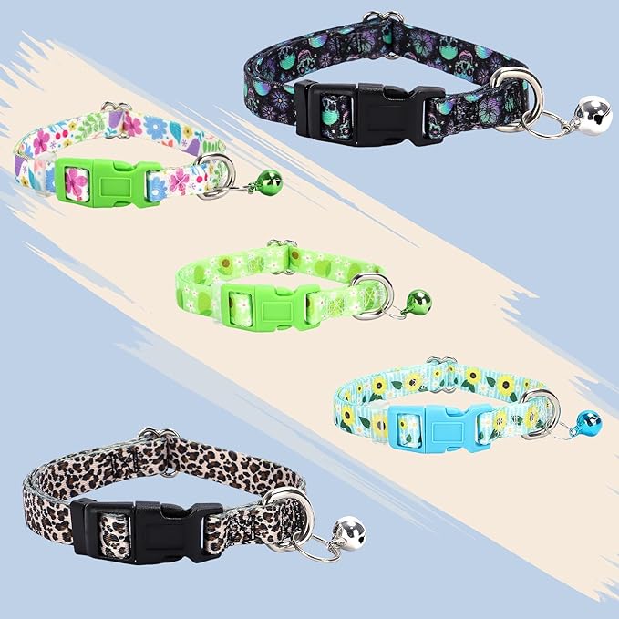 Puppy Collar with Bell，Nylon - Adjustable XXS/XS Tiny Dog & Cat Collar for Small Breeds,Soft Leopard Collar with Quick-Release Buckle（Leopard XS）
