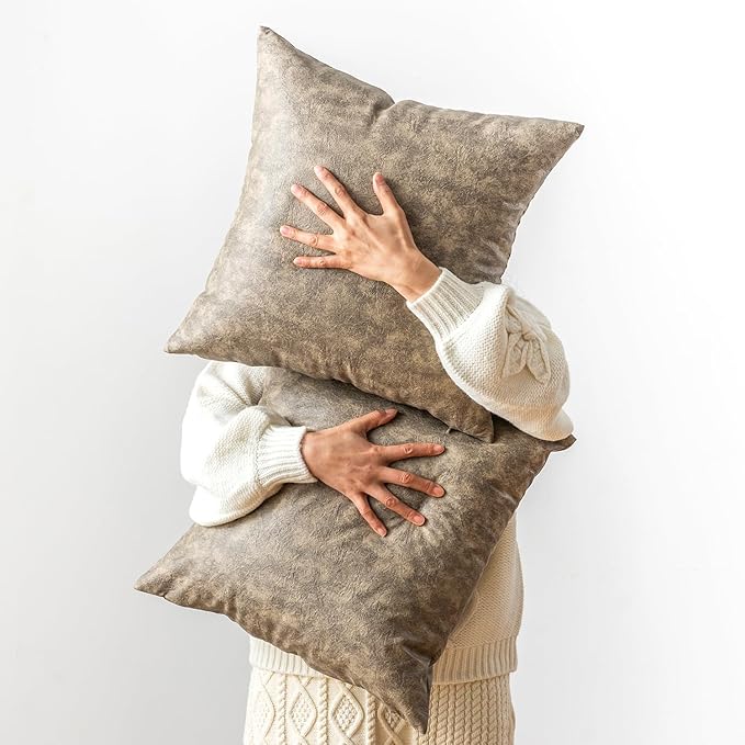Oversized Vintage Decorative Pillow Covers 28x28, Pack of 2 Thickened Abrasion Farmhouse Faux Leather Cushion Cover, for Home Decor Outdoor Pet Hair Resistant Throw Pillow Covers Olive Green