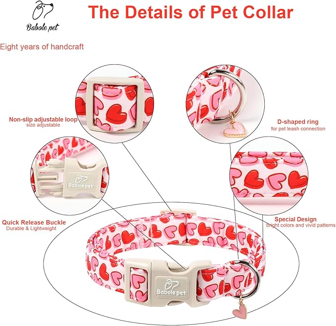 Valentines Dog Collar for Large Dogs - Pink Valentine Hearts Dog Collars, Girly Love Female Dogs Collars, Lightweight Adjustable Cute Puppy Collar with Quick-Release Buckle XL
