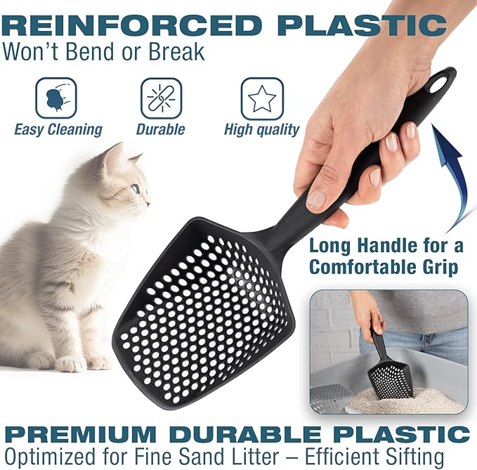 Set of 2 Cat Litter Scoop with Small Holes for Fine Litter, Hanging Handle Deep Reptile Terrarium Sand Sifter, Poop Scooper Rabbit Pooper Lifter Kitten Sifting Shovel (Black, Set of 2)