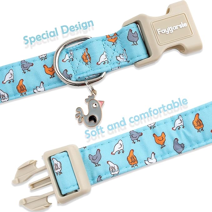 Faygarsle Funny Chicken Pattern Dog Collar, Cotton Fabric, Light Blue with Farm Animal Print for Small Medium Large Dogs M