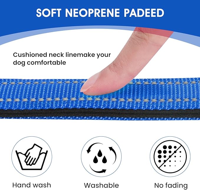 Reflective Dog Collar Padded with Soft Neoprene Breathable Quick Release Basic Dog Collars for Medium Dogs Blue Boy Girl