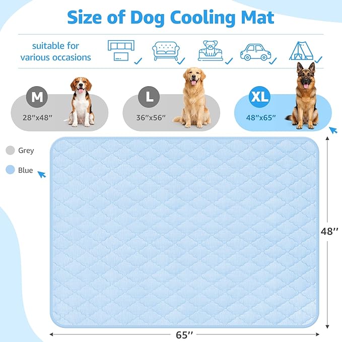 LOOBANI Dog Cooling Mat for Large Dogs - Dog Cooling Pad Durable, Cool Blanket Machine Washable, Large Pet Cool Mat for Outdoor, Indoor (Blue, 48"x65")