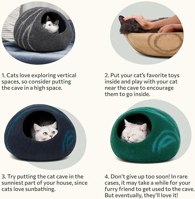 MEOWFIA Cat Cave – Premium Felt Cat Bed for Indoor Cats, Handmade Merino Wool (Black Aqua, Large)