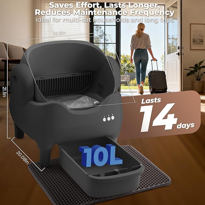 Self Cleaning Litter Box, Automatic Cat Litter Box with APP Control, Odor-Free Waste Disposal Includes Trash Bags, Large Waste Bin, Open-Top, for Multiple Cats