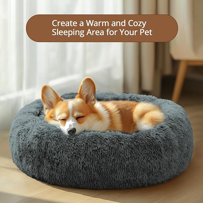 JOLLYVOGUE Calming Dog Bed Large Size Dog, Anti-Anxiety Donut Large Pet Bed, 36 inches Fluffy Faux Fur Round Cat Bed, Fits up to 75 lbs Pets (Navy Grey)