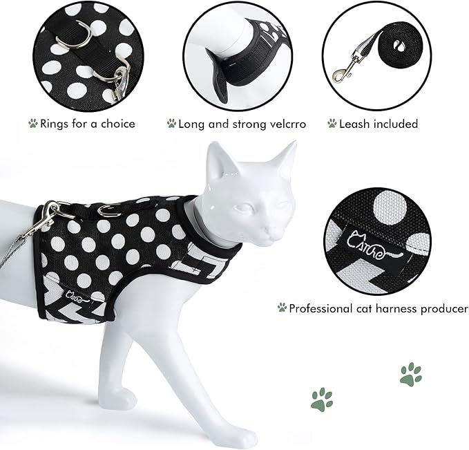 Cat Harness and Leash for Walking Escape Proof, Adjustable Cat Vest Harness, Padded Stylish Cat Walking Jackets, Polka Dot Black, Medium