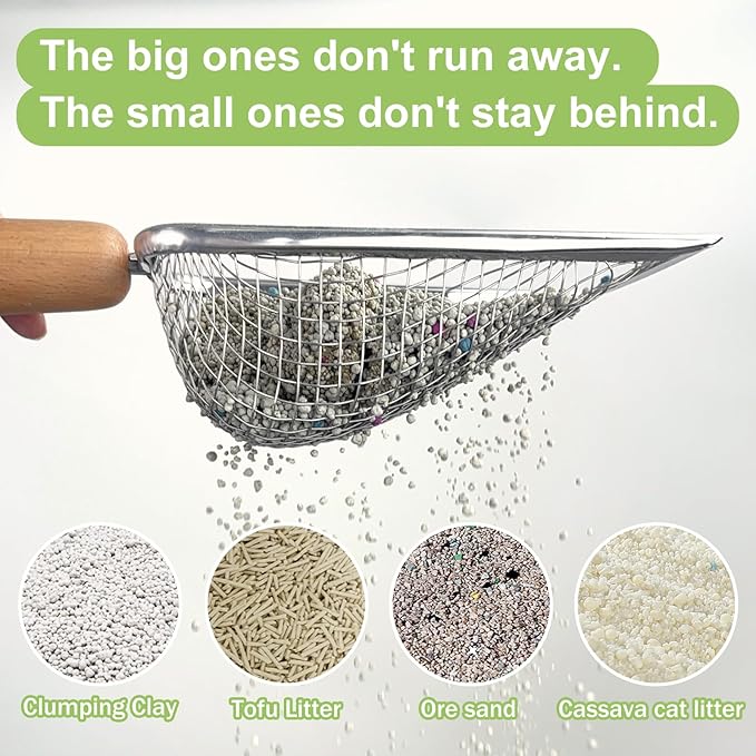 XBX Cat Litter Scoop with Holder – Metal Mesh Litter Scooper, Wooden Handle Fine Litter Scoop with Small Holes for Litter Box, Efficient Sifting and Easy Cleaning