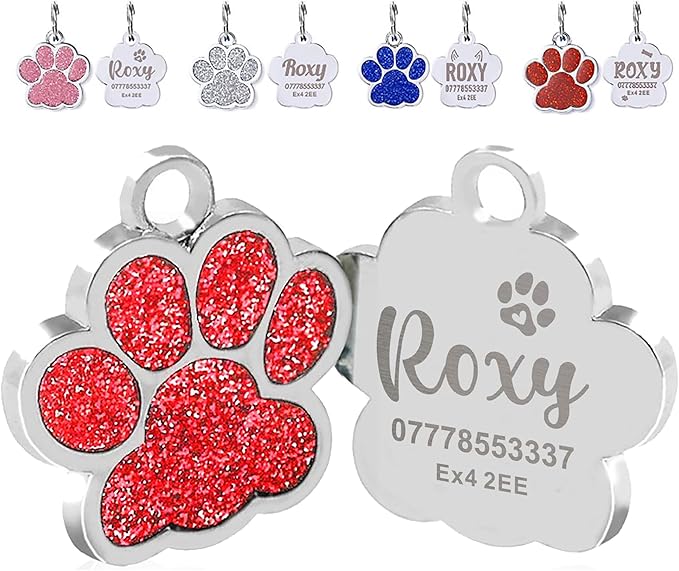 EDSG Cat Dog Tags Personalized for Pets, Dog Name Tags Cat Name ID Tag, Engraved Dog Tags Dog ID Tags Small Glitter Bling ID Tag Paw Print for Cat Pet Dog Puppy(Red,Design 4)
