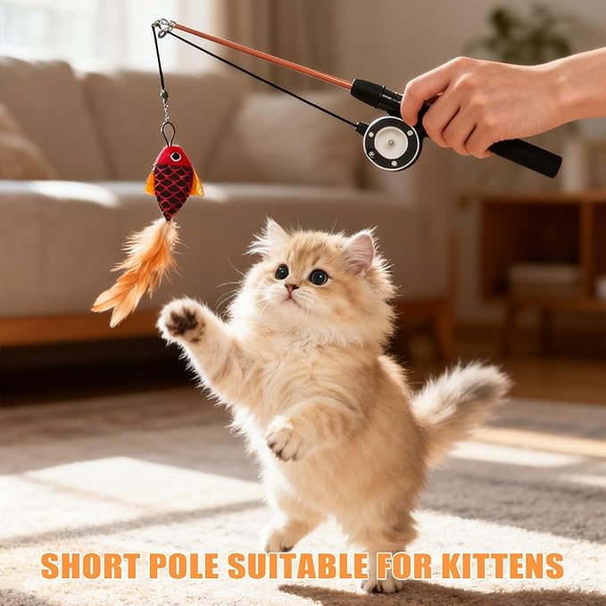 Cat Toys Interactive for Indoor Cats Wand Retractable Fishing Pole with Fish and Feather,Teaser Kitten Toy Bored Adult Pet for Enrichment Playtime Fun,Promotes Healthy Exercise