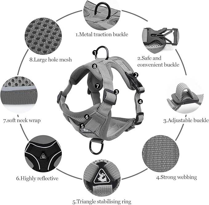 Wanheart Summer cat Chest Harness and Leash, Anti-Escape Adjustable Soft mesh cat Leash and Chest Harness Set for All Types of Cats cat Vests (Grey, XL:16.5-22.04lb)