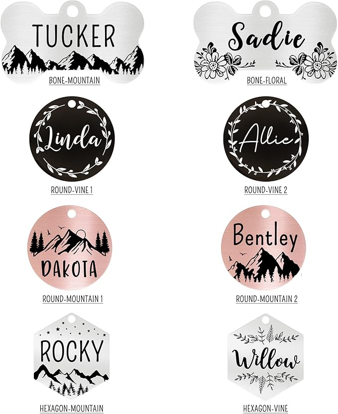 Ultra Joys Stainless Steel Pet ID Tag - Personalized Front and Back Engraving, Cat & Dog Tags, Optional Engraved Both Sides, Hexagon Mountain Design, Silver Large