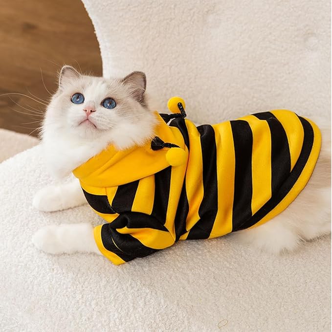 DENTRUN Sphynx Hairless Cats Costume Funny Bee Warm Winter Sweater Cute Pullover Kitten Shirts Breathable Cat Leisure Wear Turtleneck Vest Adorable Cat's Clothes Jacket Pajamas Jumpsuit, S