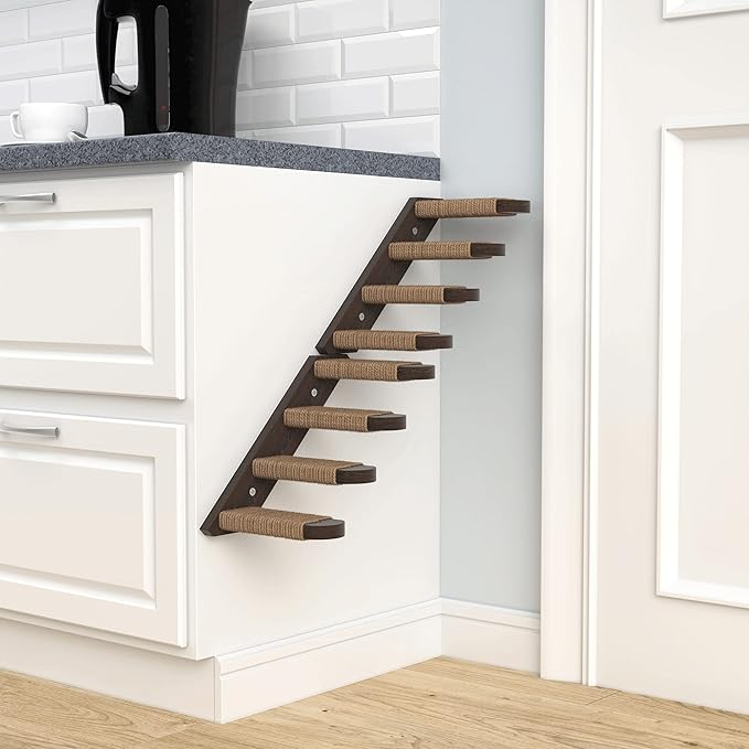 Skywin Cat Steps - Solid Rubber Wood Cat Stairs Great for Scratching and Climbing - Easy to Install Wall Mounted Cats Shelves for Playful Cats (Brown, Left to Right)
