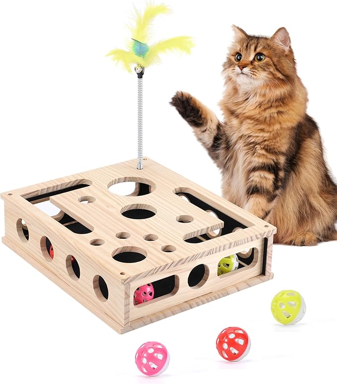 Cat Interactive Box Puzzle Toy - Cats Indoor Hunting Play Toy with 3 Jingle Balls & 1 Feather Wand, Wooden Cat Puzzle Treat Toy Box Energize Cat Instincts for Bored Cats,Eco Friendly