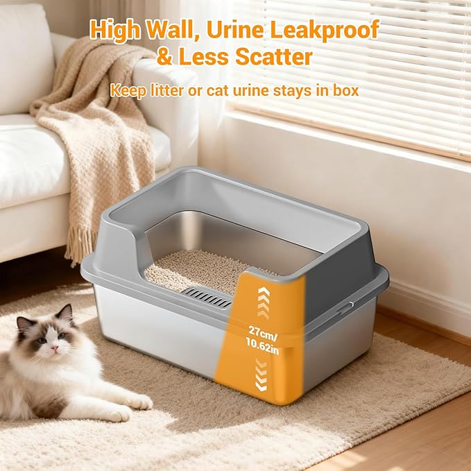 Stainless Steel Litter Box, XL Enclosed Cat Litter Boxes with Lid for Big Cats and Multi-Cats, High Sided, Anti-Urine Leakage Non-Stick Bottom Include Scoop Easy to Clean