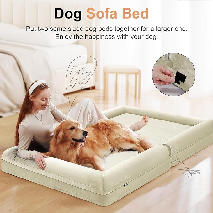 Large Dog Bed Orthopedic Washable: Jumbo Dog Bed Bolster Extra Large Dogs Egg Crate Foam Sofa Couch Waterproof Removable Cover - Beige