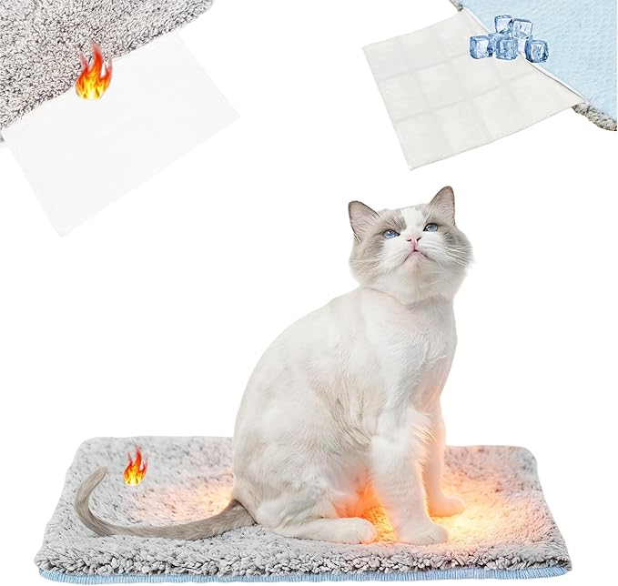 Two Uses'Cat Bed Mat,Self Warming&Cooling Cat Mat.12 * 20in.Hot/Cold Mat for Pets.Free Gel Pads and self-Heating Pads.Temperature Lock Design,Machine Washable