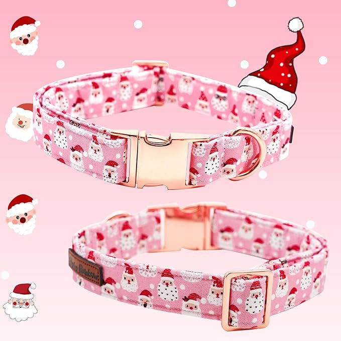 Dog Collar, Christmas Pink Santa Claus Cotton Pet Collar Bow Holiday Girl Boy Cute Puppy Collar Adjustable Pet Collar for Medium Dogs