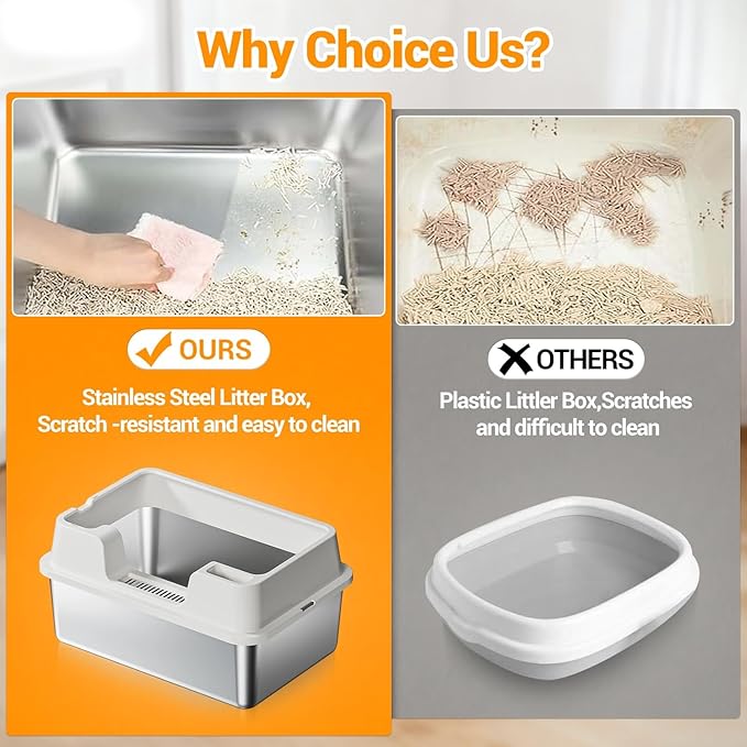 Stainless Steel Litter Box, XL Enclosed Cat Litter Boxes with Lid for Big Cats and Multi-Cats, High Sided, Anti-Urine Leakage Non-Stick Bottom Include Scoop Easy to Clean
