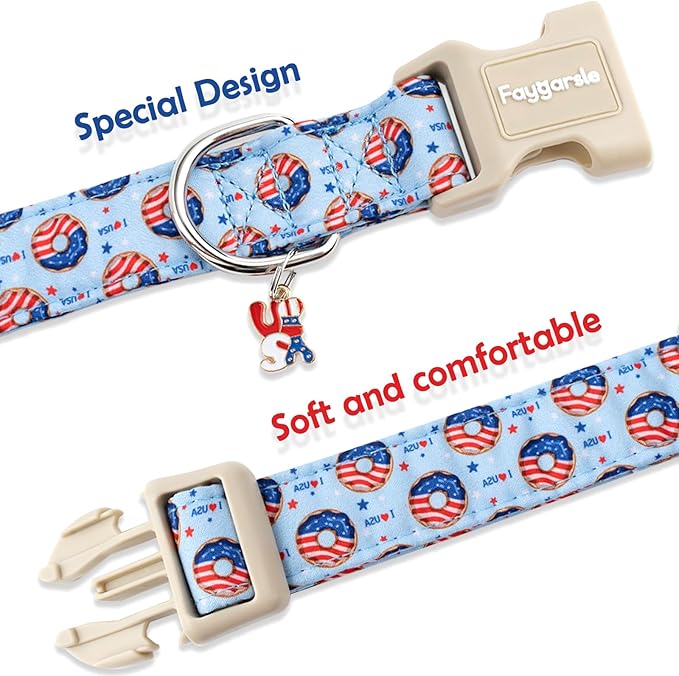 Faygarsle Patriotic Dog Collar, 4th of July Design, American Flag Pattern, Light Blue Summer Design for Small Medium Large Dogs L