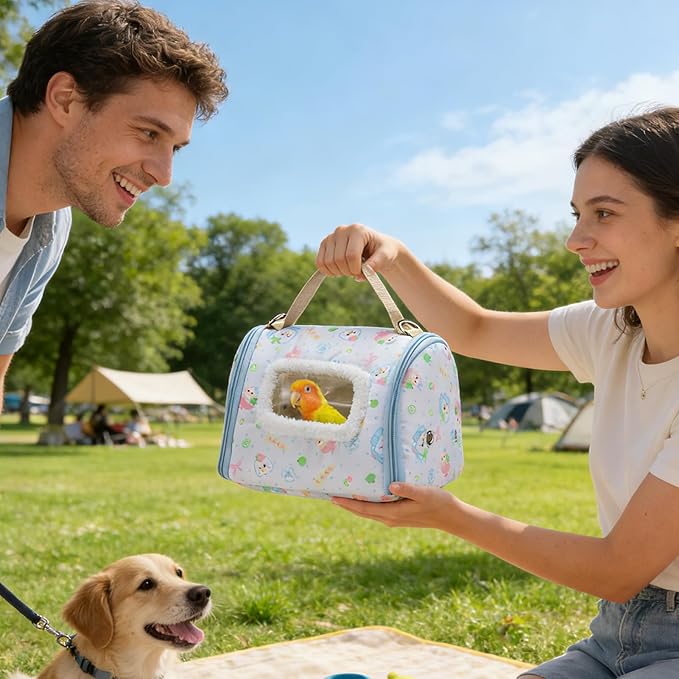 Bird Travel Carrier - 450g Lightweight Parrot Transport Box, Warm Velvet Cage with Clear Viewing Window, Safe Stainless Steel Hardware | for Parakeets, Cockatiels, Canaries, Outdoor Hiking Trips