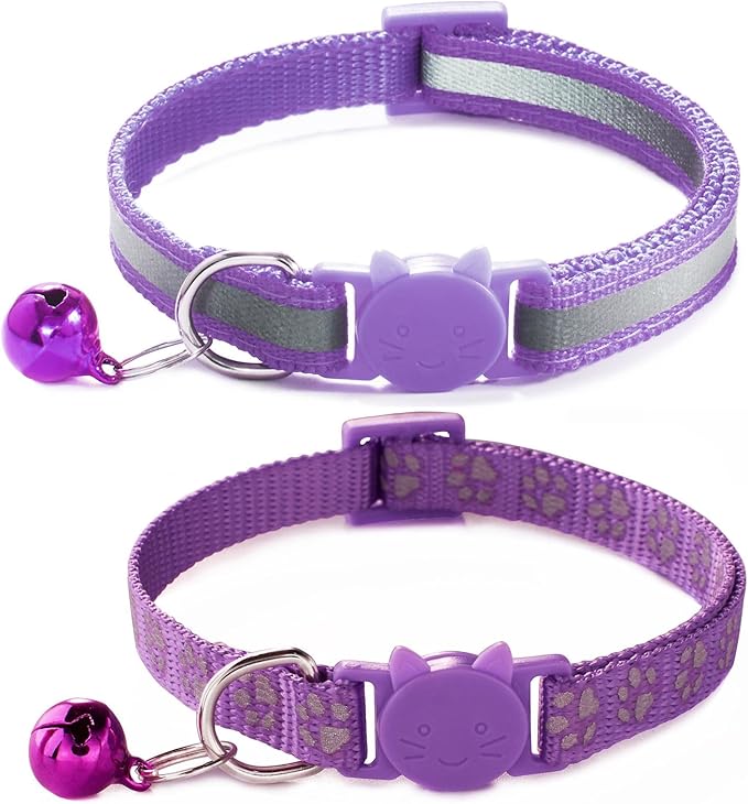 Purple Break Away Cat Collar with Bells, [2 Pack] Breakaway Kitten Collar with Bells, Reflective Cat Collar for Girl Cats Kitty