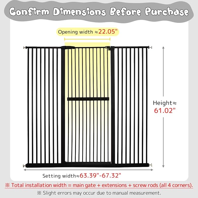 Lumizone Extra Tall Cat Gate 61.02" High Pressure Mounted Extra Wide 63.39"-67.32" (17Sizes) 1.37" Gap No Drilling Auto-Close Tall Pet Gate for Dogs (Black, 63.39"-67.32" W)